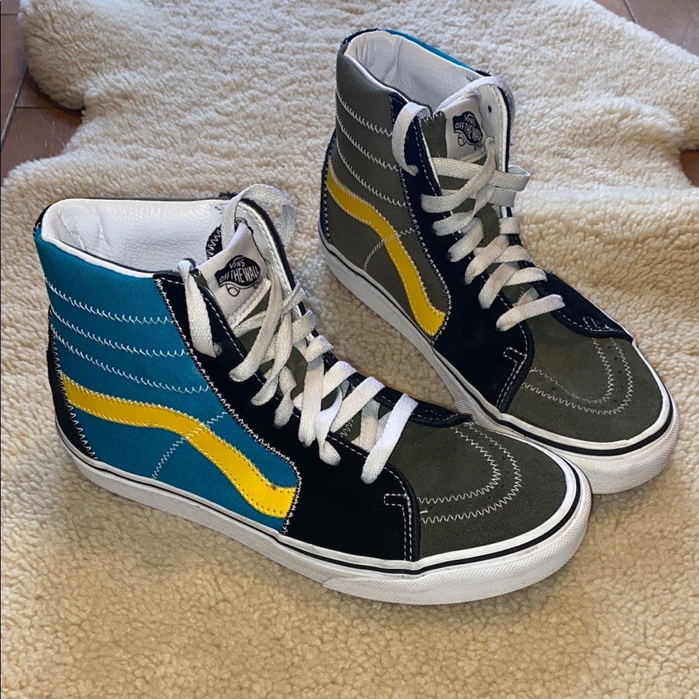 Vans Sk8-hi top shoe, black, blue and green, unisex, women’s 7.5US, Men’s 6US
